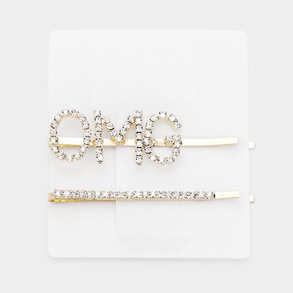 2PCS OMG Rhinestone Pave Metal Bobby Pins